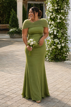 Olive Green Satin Off The Shoulder Mermaid Bridesmaid Dress, BD3474