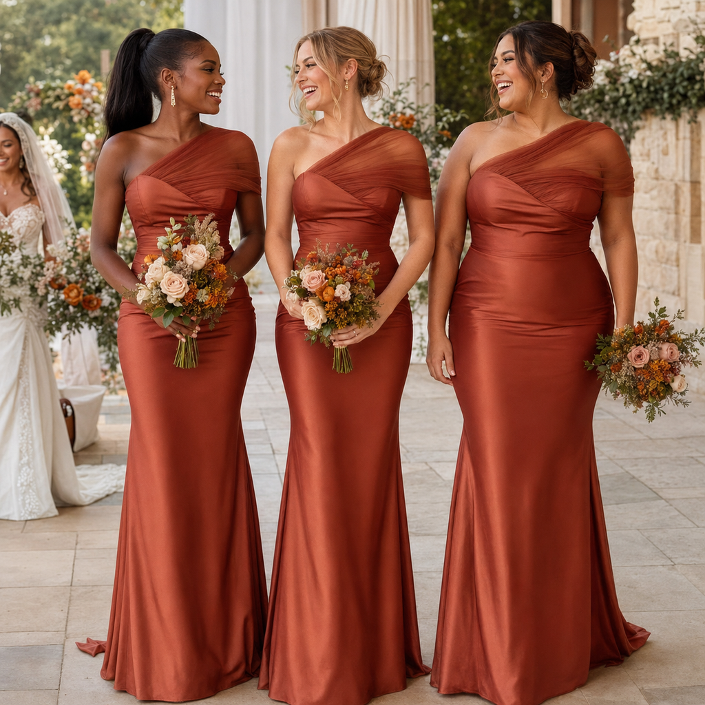 Terracotta Satin One Shoulder Mermaid Bridesmaid Dress, BD3475