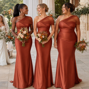 Terracotta Satin One Shoulder Mermaid Bridesmaid Dress, BD3475