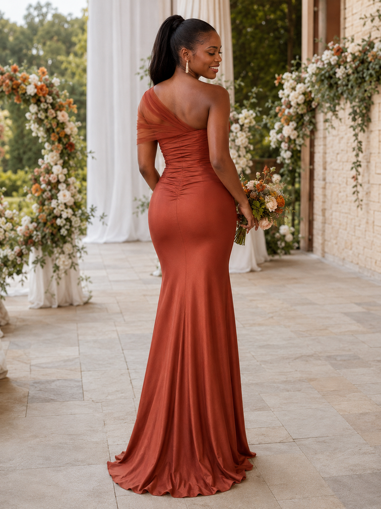 Terracotta Satin One Shoulder Mermaid Bridesmaid Dress, BD3475