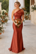 Terracotta Satin One Shoulder Mermaid Bridesmaid Dress, BD3475