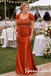 Burnt Orange Satin Beaded Sweetheart Puff Sleeves Mermaid Formal Gown, BD3476