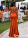 Burnt Orange Satin Beaded Sweetheart Puff Sleeves Mermaid Formal Gown, BD3476