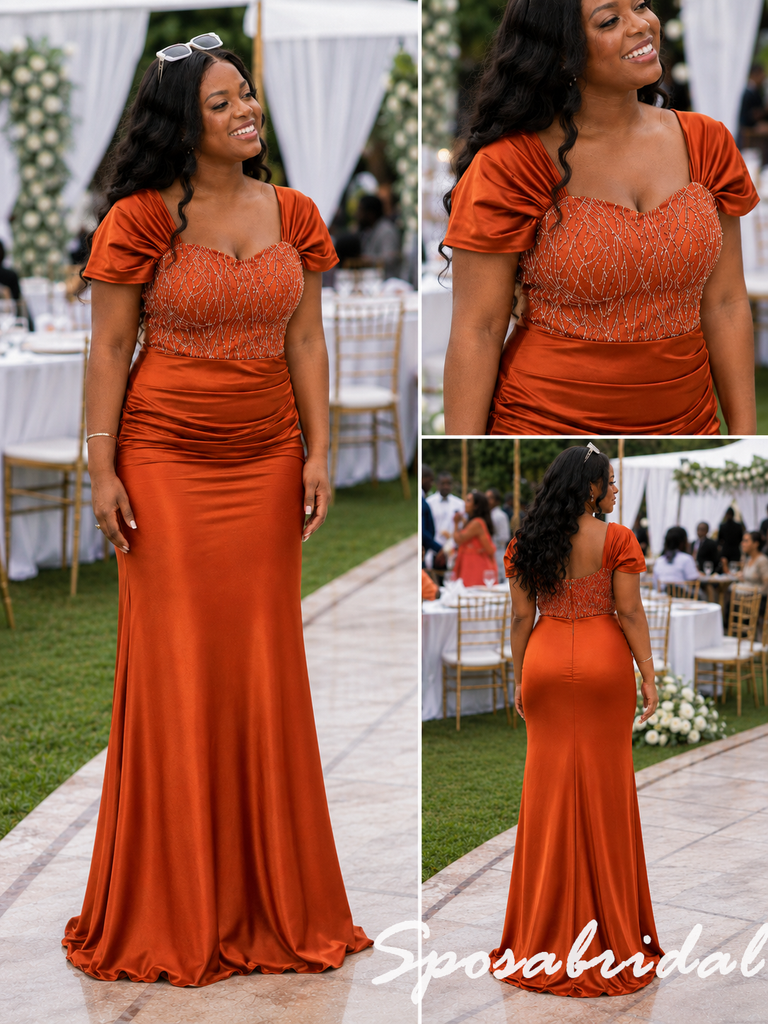 Burnt Orange Satin Beaded Sweetheart Puff Sleeves Mermaid Formal Gown, BD3476