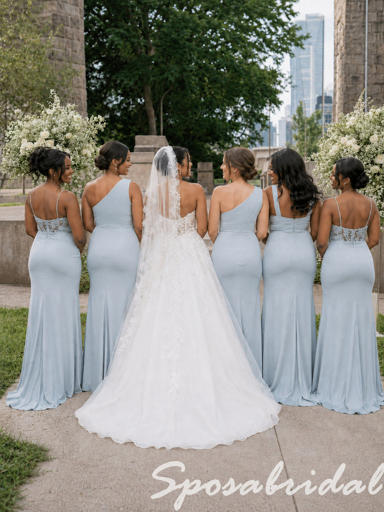 Dusty Blue Soft Satin Mismatched Mermaid Bridesmaid Dresses with Lace Appliques, BD3480