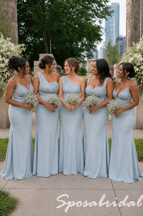 Dusty Blue Soft Satin Mismatched Mermaid Bridesmaid Dresses with Lace Appliques, BD3480