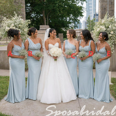 Dusty Blue Soft Satin Mismatched Mermaid Bridesmaid Dresses with Lace Appliques, BD3480