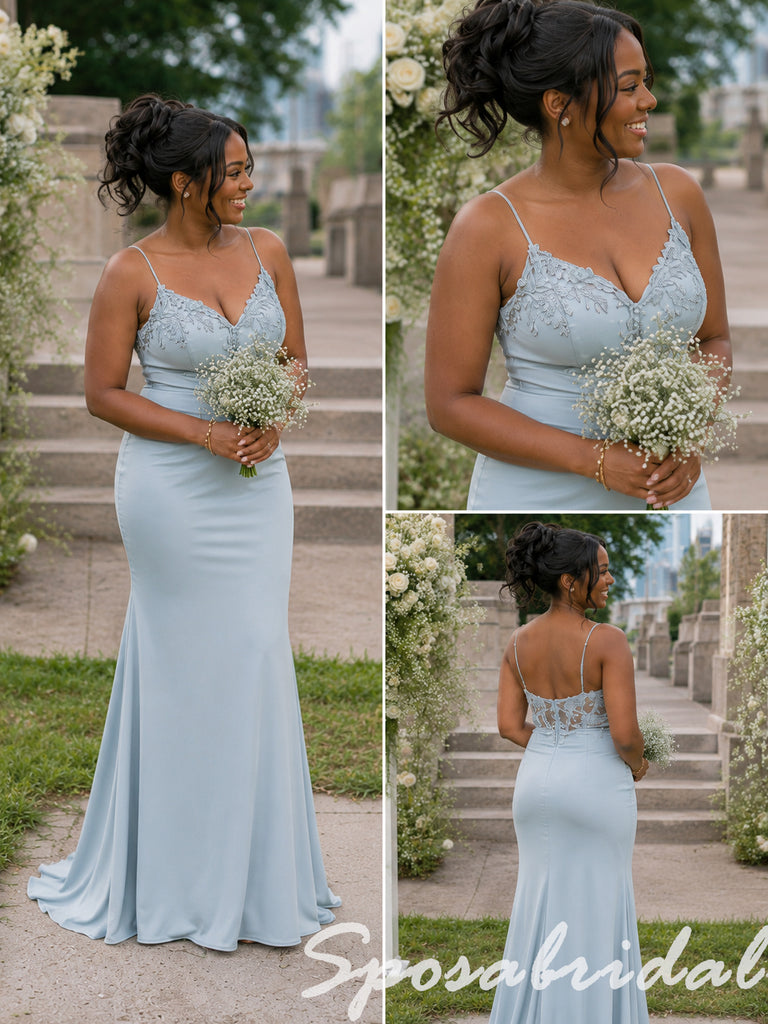 Dusty Blue Soft Satin Mismatched Mermaid Bridesmaid Dresses with Lace Appliques, BD3480