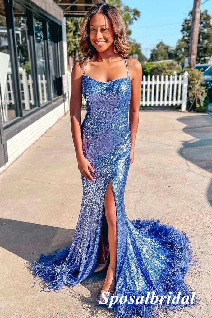 Sexy Sequin Spaghetti Straps Sleeveless Lace Up Back Side Slit Mermaid Long Prom Dresses, PD3731