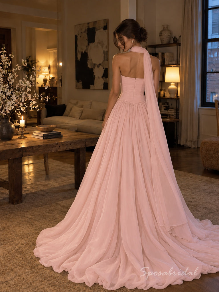 Blush Pink Satin Chiffon Strapless Straight Neck Corset Bodice Ball Gown Floor Length Evening Dress,PD4318