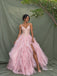 V-Neck Spaghetti Strap Beaded Evening Dress, Ruffled Tulle Skirt Pink Formal Gown, PD4379