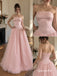 Blush Pink Beaded Embroidery Satin Strapless Corset Tulle Ball Gown Floor Length Evening Dress, PD4328