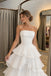 White Ruched Strapless Pleated Tiered Ruffle A-line Floor Length Evening Dress, PD4339