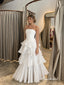 White Ruched Strapless Pleated Tiered Ruffle A-line Floor Length Evening Dress, PD4339