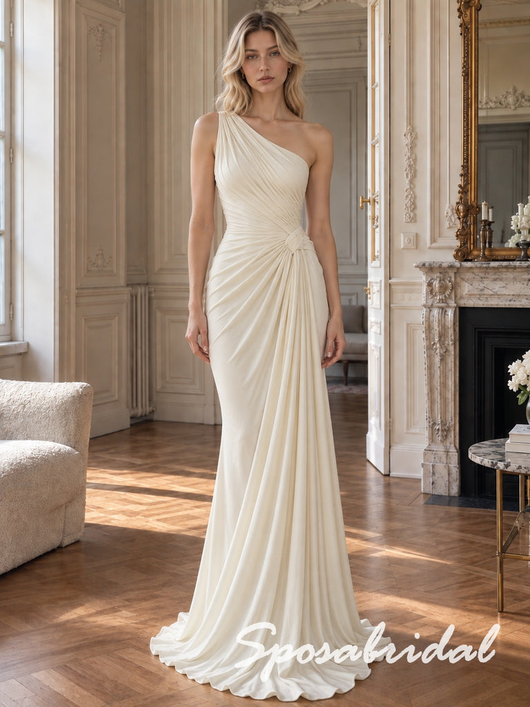 Elegant One Shoulder Asymmetric Ruched Ivory Jersey Draped Sheath Formal Evening Gown,PD4307