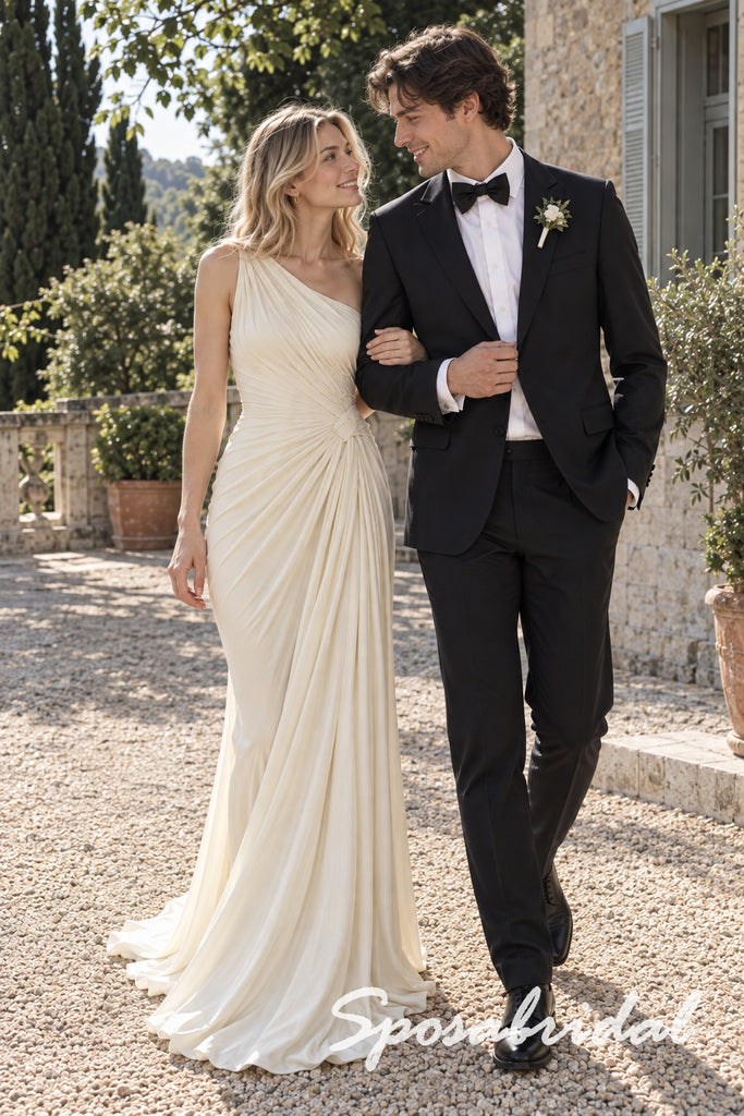 Elegant One Shoulder Asymmetric Ruched Ivory Jersey Draped Sheath Formal Evening Gown,PD4307