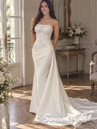 Strapless Sweetheart Neck Floral Appliqué Corset Bodice Satin Mermaid Wedding Bridal Dress, WD3130