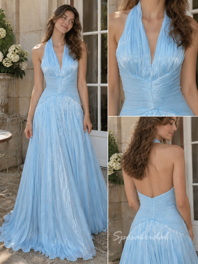 Light Blue Shimmer Chiffon Halter Deep V Pleated A-Line Dress,PD4310