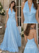 Light Blue Shimmer Chiffon Halter Deep V Pleated A-Line Dress,PD4310