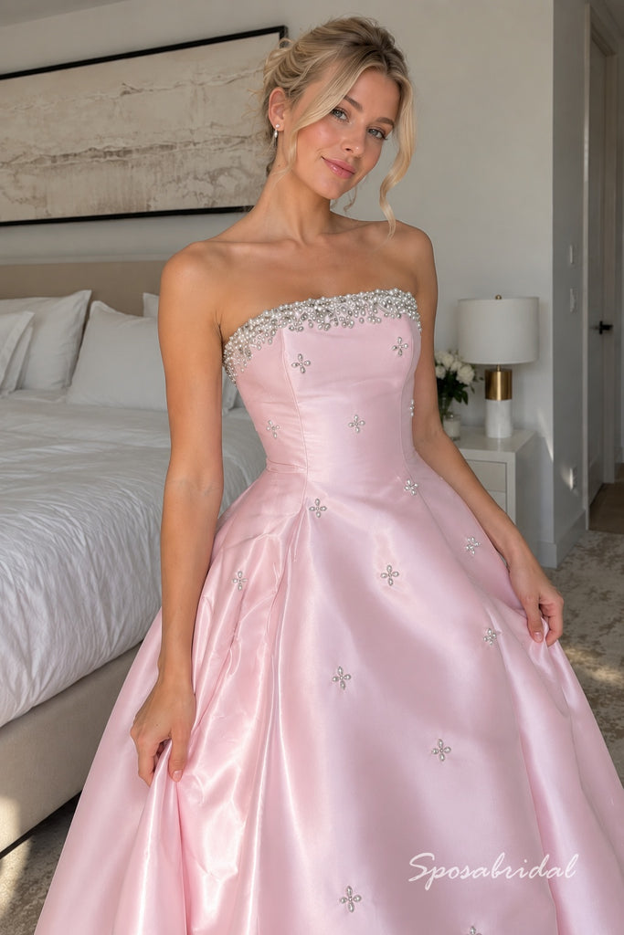 Pink Satin Strapless Beaded A-Line Prom Dress,PD4314
