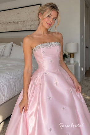 Pink Satin Strapless Beaded A-Line Prom Dress,PD4314