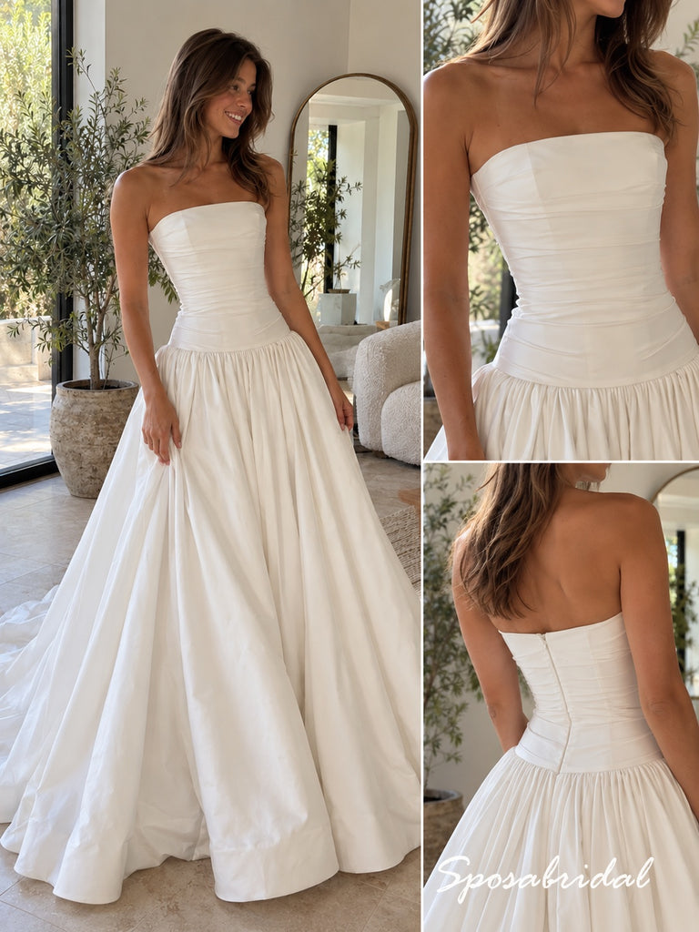 Strapless Ruched Satin A-Line Wedding Dress With Train,WD3133