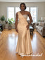 Elegant Champagne Satin One Shoulder Beaded Appliqué Mermaid Bridesmaid Gown With Draped Side Train, PD4305