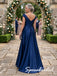 Elegant Navy Blue Draped Satin Cap Sleeves Mother Of The Bride Gown, SFM024