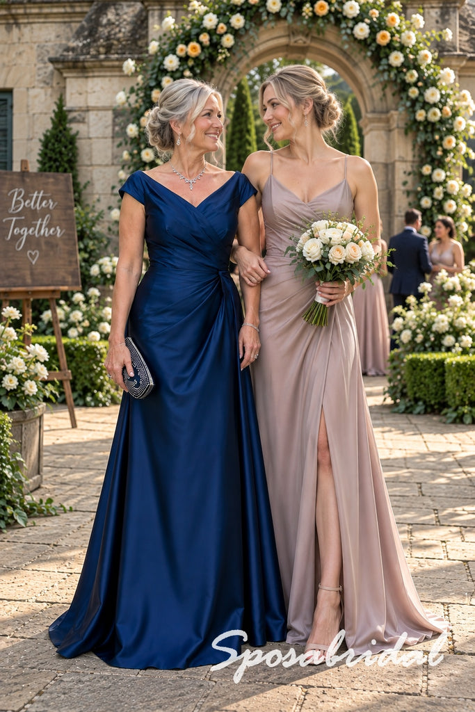 Elegant Navy Blue Draped Satin Cap Sleeves Mother Of The Bride Gown, SFM024