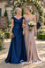 Elegant Navy Blue Draped Satin Cap Sleeves Mother Of The Bride Gown, SFM024