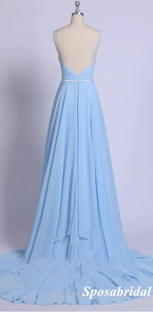 Sexy Blue Chiffon Spaghetti Straps V-Neck Sleeveless A-Line Long Prom Dresses, PD3960