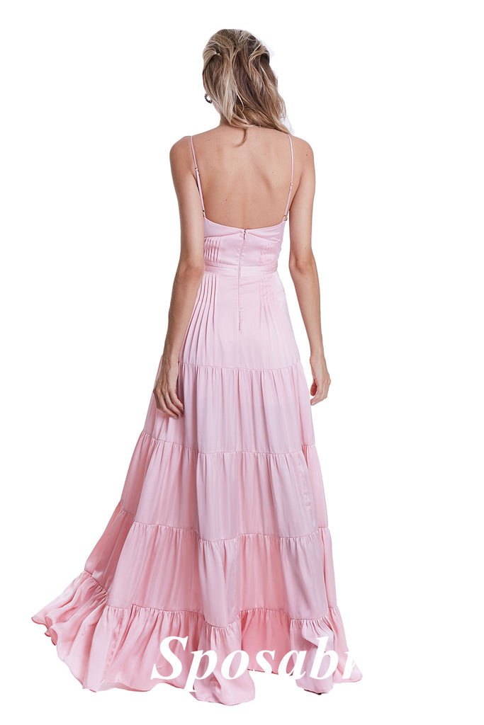 Sexy Pink Soft Satin Spaghetti Straps V-Neck A-Line Long Prom Dresses, PD3786