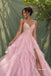 V-Neck Spaghetti Strap Beaded Evening Dress, Ruffled Tulle Skirt Pink Formal Gown, PD4379