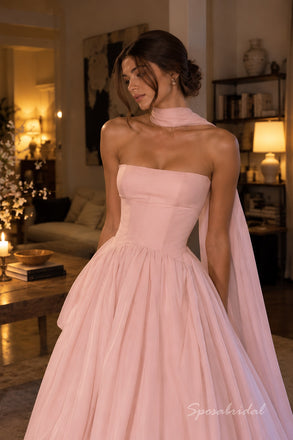 Blush Pink Satin Chiffon Strapless Straight Neck Corset Bodice Ball Gown Floor Length Evening Dress,PD4318