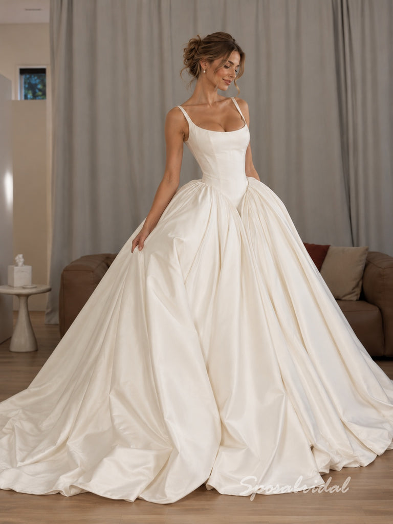 Ivory Satin Square Neck A-Line Wedding Dress With Voluminous Ball Gown Skirt,WD3137
