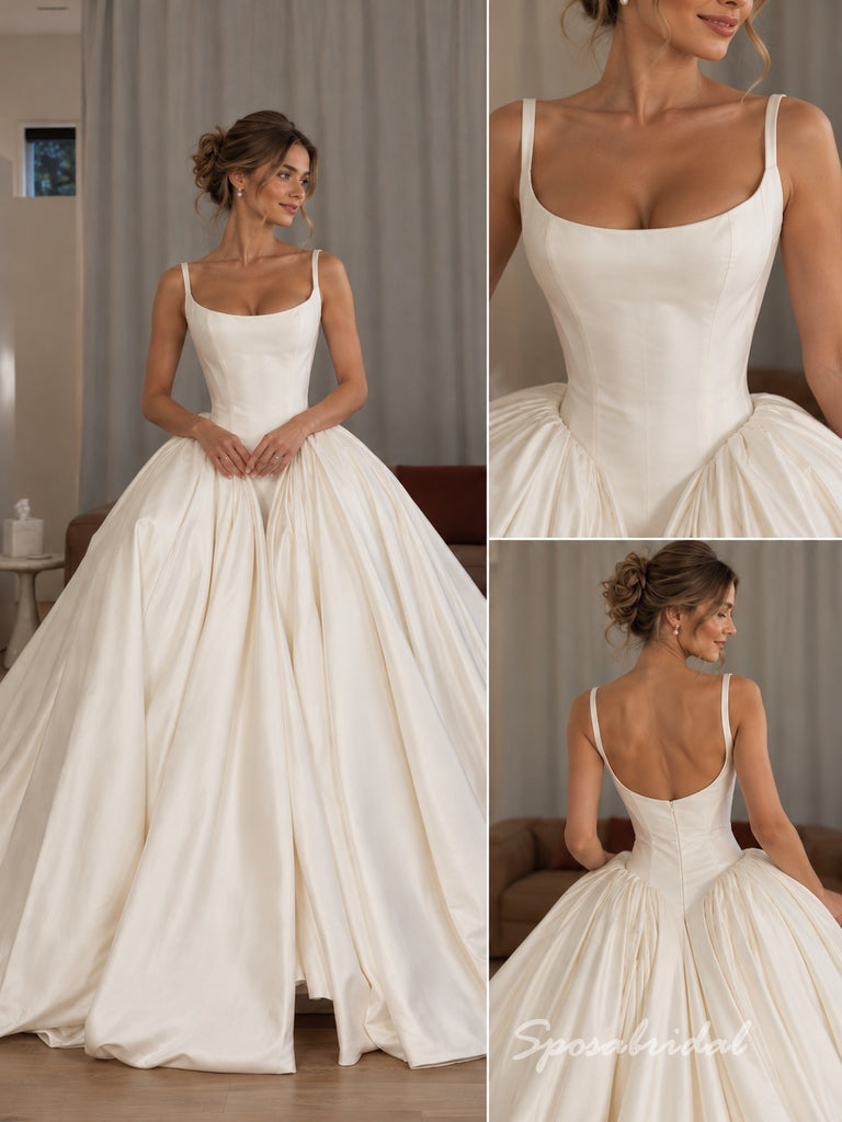 Ivory Satin Square Neck A-Line Wedding Dress With Voluminous Ball Gown Skirt,WD3137