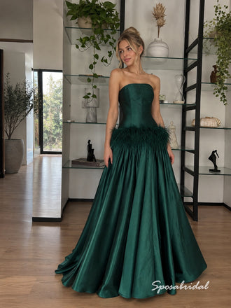 Emerald Green Satin Strapless Feather Trim Ball Gown Floor Length Evening Dress,PD4340