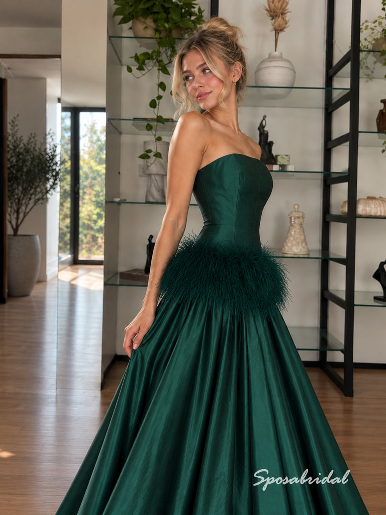 Emerald Green Satin Strapless Feather Trim Ball Gown Floor Length Evening Dress,PD4340
