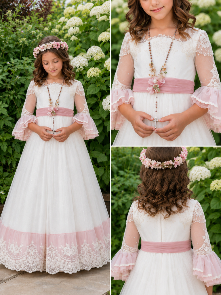Vintage White and Pink Lace First Communion A-Line Flower Girl Dresses, FG1473