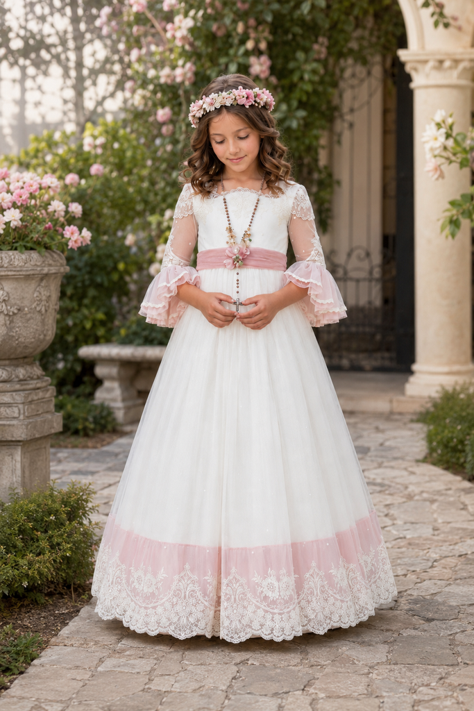 Vintage White and Pink Lace First Communion A-Line Flower Girl Dresses, FG1473