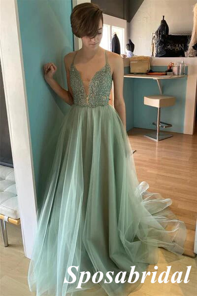 Sexy Sage Tulle And Lace Spaghetti Straps V-Neck A-Line Long Prom Dresses With Split, PD3828