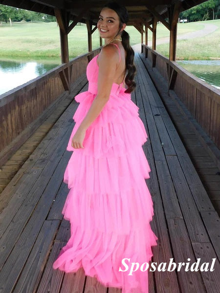 Sexy Hot Pink Tulle Spaghetti Straps A-Line Long Prom Dresses, PD3851