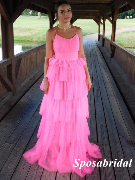 Sexy Hot Pink Tulle Spaghetti Straps A-Line Long Prom Dresses, PD3851