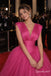 Hot Pink Deep V Pleated Tulle A-Line Formal Gown,PD4316