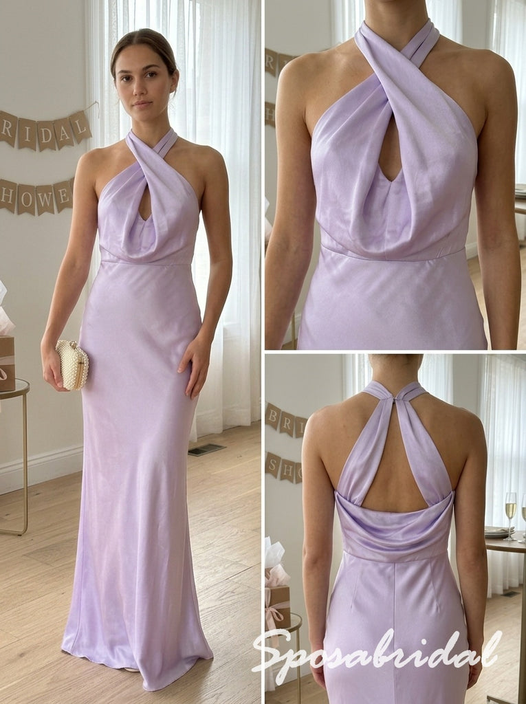 Lavender Satin Draped Halter Keyhole Floor Length Column Evening Gown, PD4296