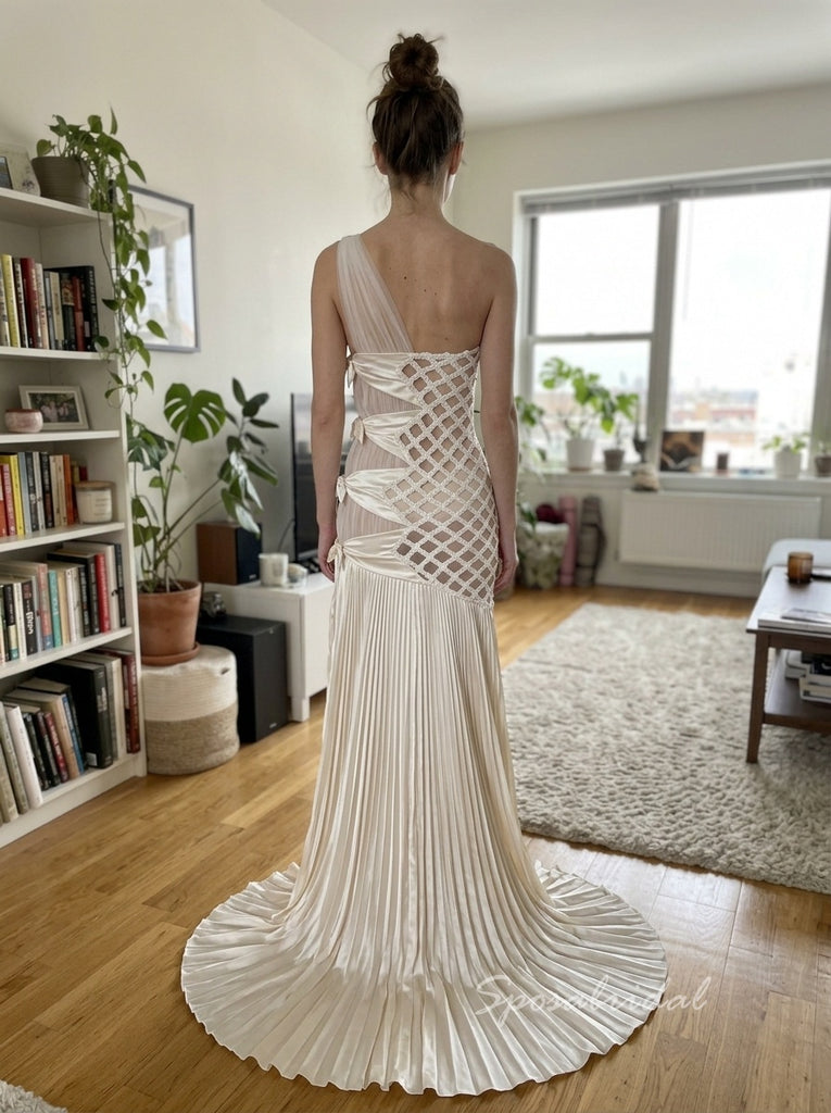 Ivory One Shoulder Satin Cutout Pleated Mermaid Dress,PD4312
