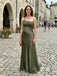 Olive Green Satin One Shoulder Beaded Mesh Mermaid Dress,PD4313