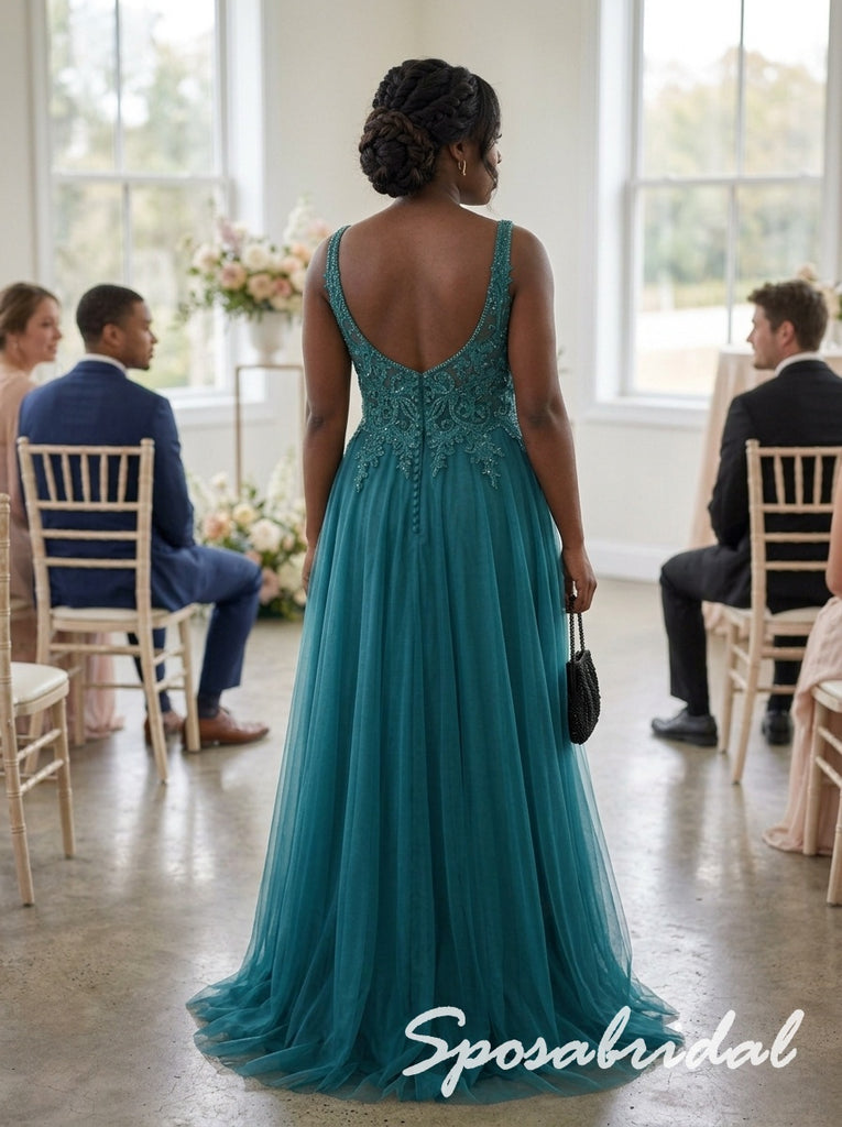 Teal Tulle Beaded V-Neck Sleeveless Floor Length A-Line Bridesmaid Gown, BD3484