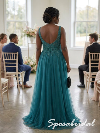 Teal Tulle Beaded V-Neck Sleeveless Floor Length A-Line Bridesmaid Gown, BD3484