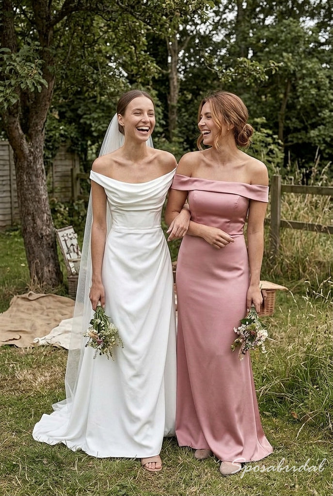 Off-The-Shoulder Draped Satin Sheath Wedding Dress,WD3134